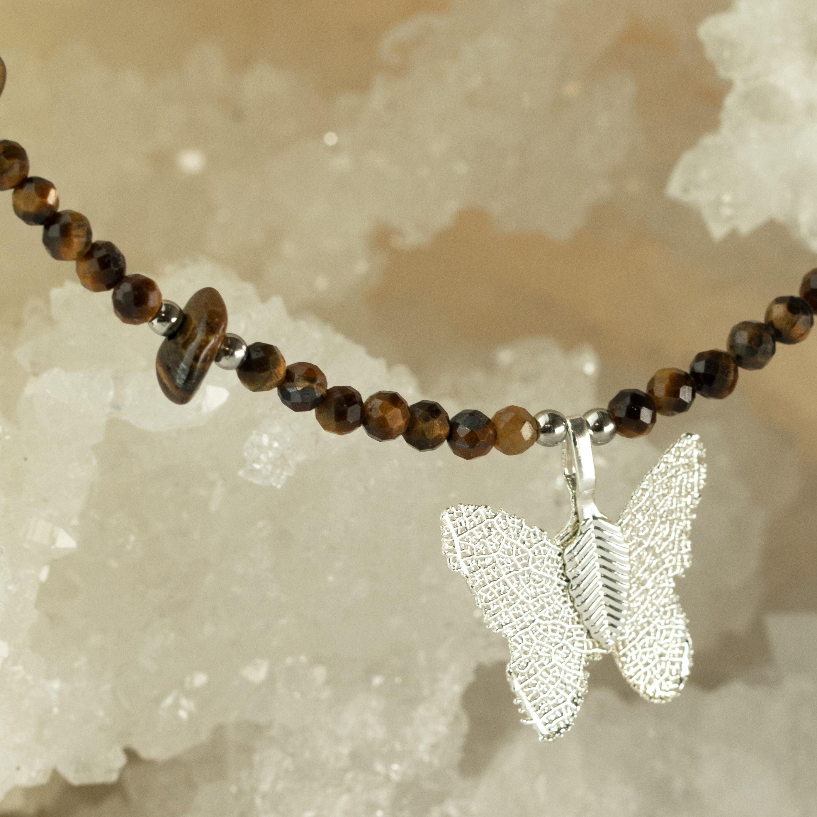 Nymph Tiger’s Eye Gemstone Necklace with Real Leaf Butterfly Pendant Necklaces