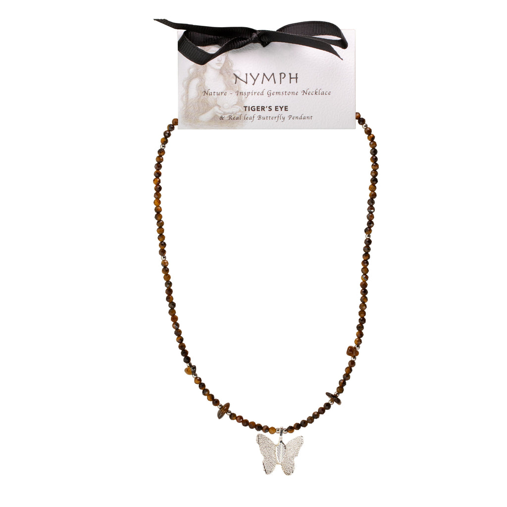 Nymph Tiger’s Eye Gemstone Necklace with Real Leaf Butterfly Pendant Necklaces