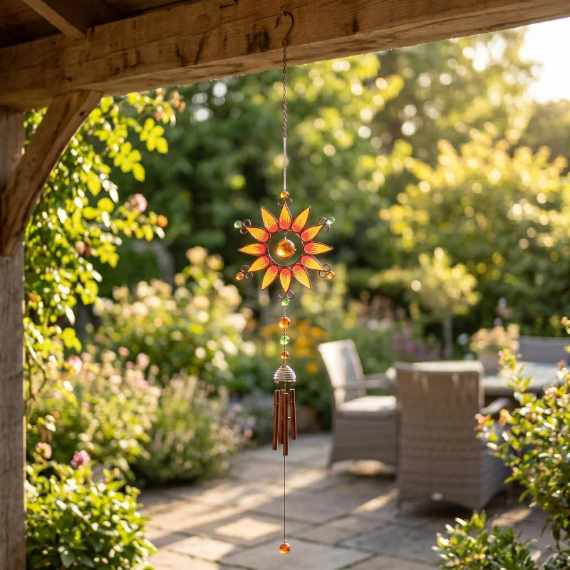 Full-body shot of orange sunflower windchime hanging in an outdoor patio, captured in natural light with gentle breeze causing movement.