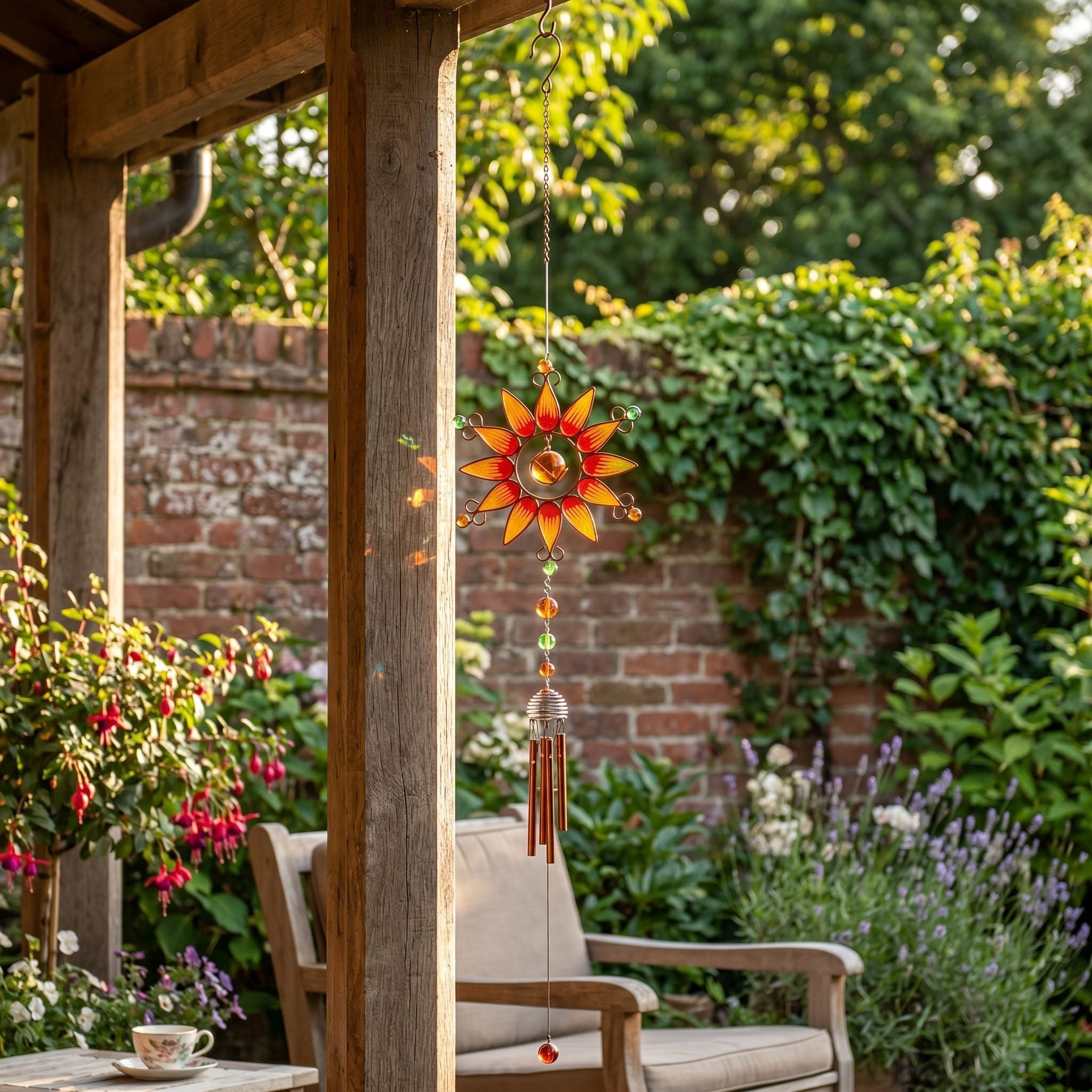 Windchime hanging from veranda post overlooking a backyard during golden hour, with warm light and garden setting.