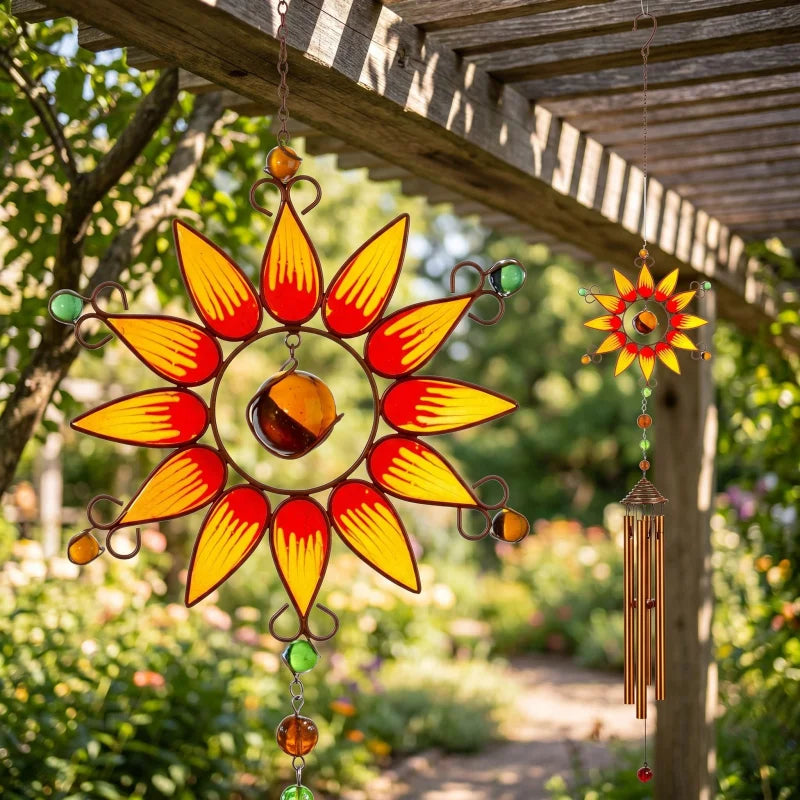 Close-up of orange sunflower windchime hanging from a wooden pergola in a sunlit garden, highlighting vibrant petals and bead details.