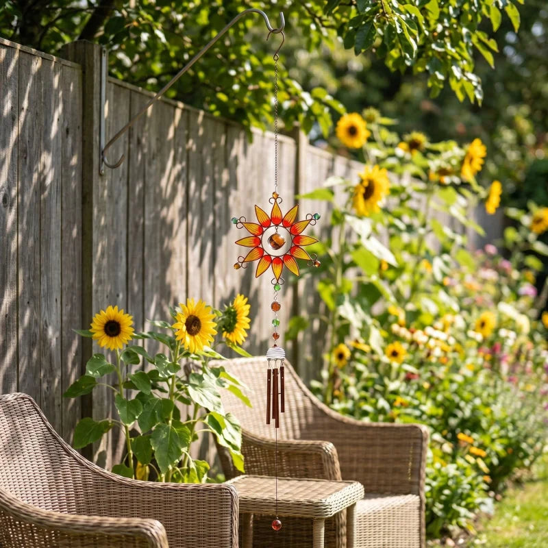 Windchime on a garden fence near sunflowers and wicker furniture, with sunlight reflecting off beads and petals, in late morning.