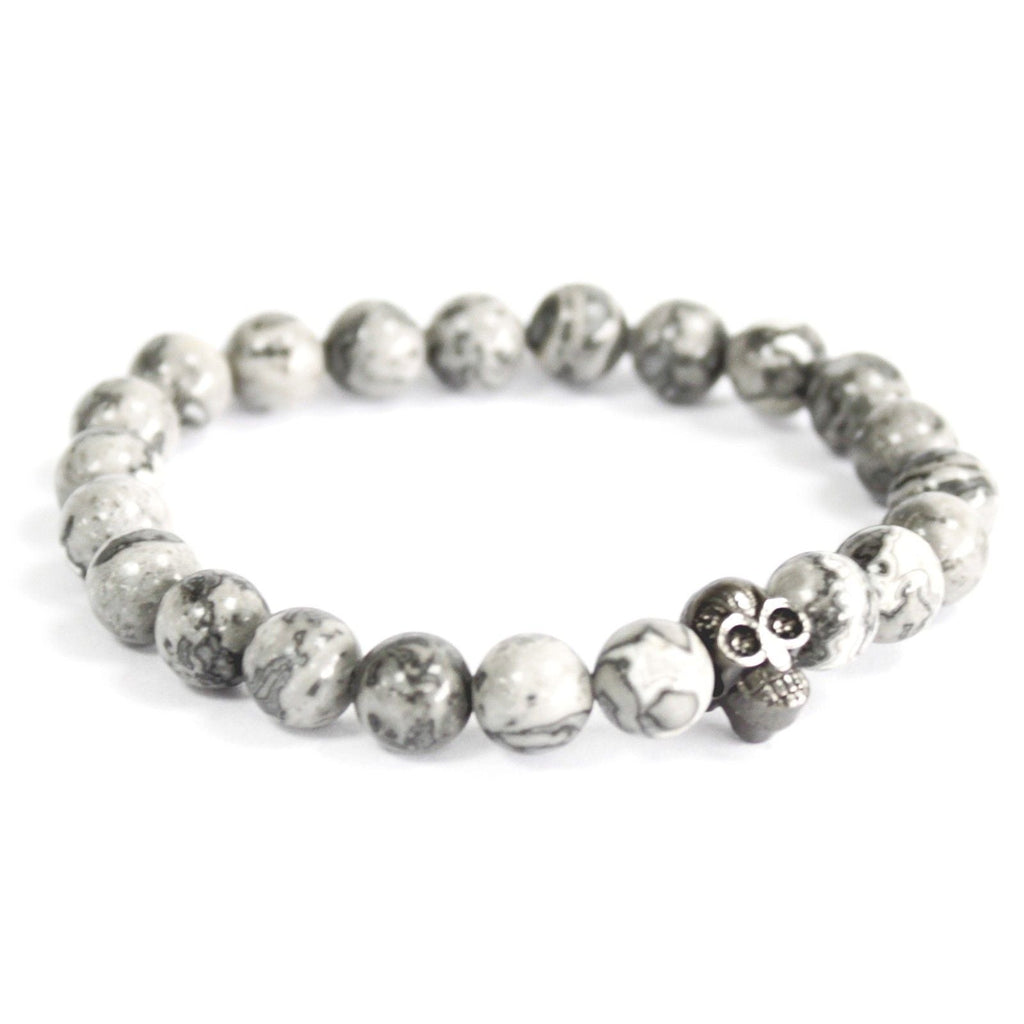 Pewter Skull / Grey Agate - Gemstone Bracelet Boho Bling Bracelets