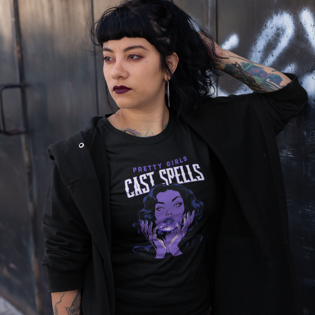 Pretty Girls Cast Spells Classic Womens Crewneck Black T-shirt