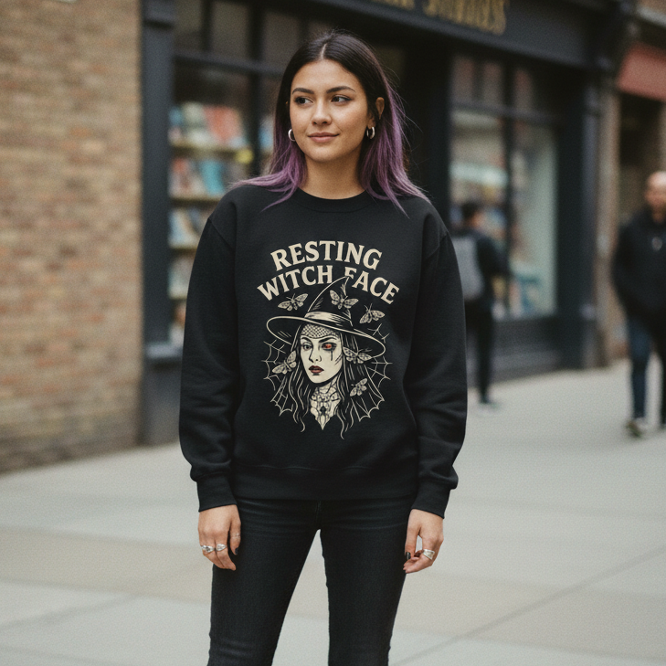 Resting Witch Face Sweatshirt – Punny Design with Moths Print Material