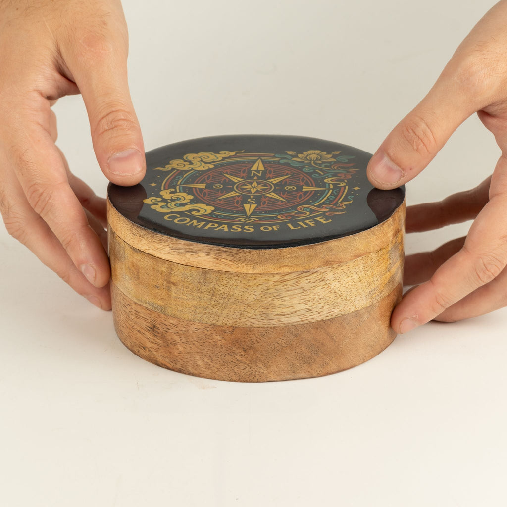 Round Enamelled Box - Compass of Life Ceramic Glazed Wooden Boxes