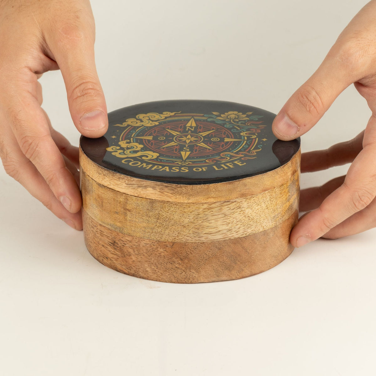 Round Enamelled Box - Compass of Life Ceramic Glazed Wooden Boxes