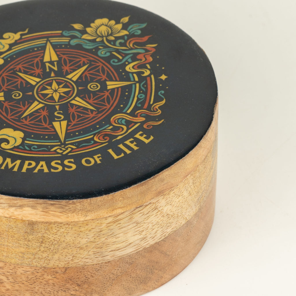 Round Enamelled Box - Compass of Life Ceramic Glazed Wooden Boxes
