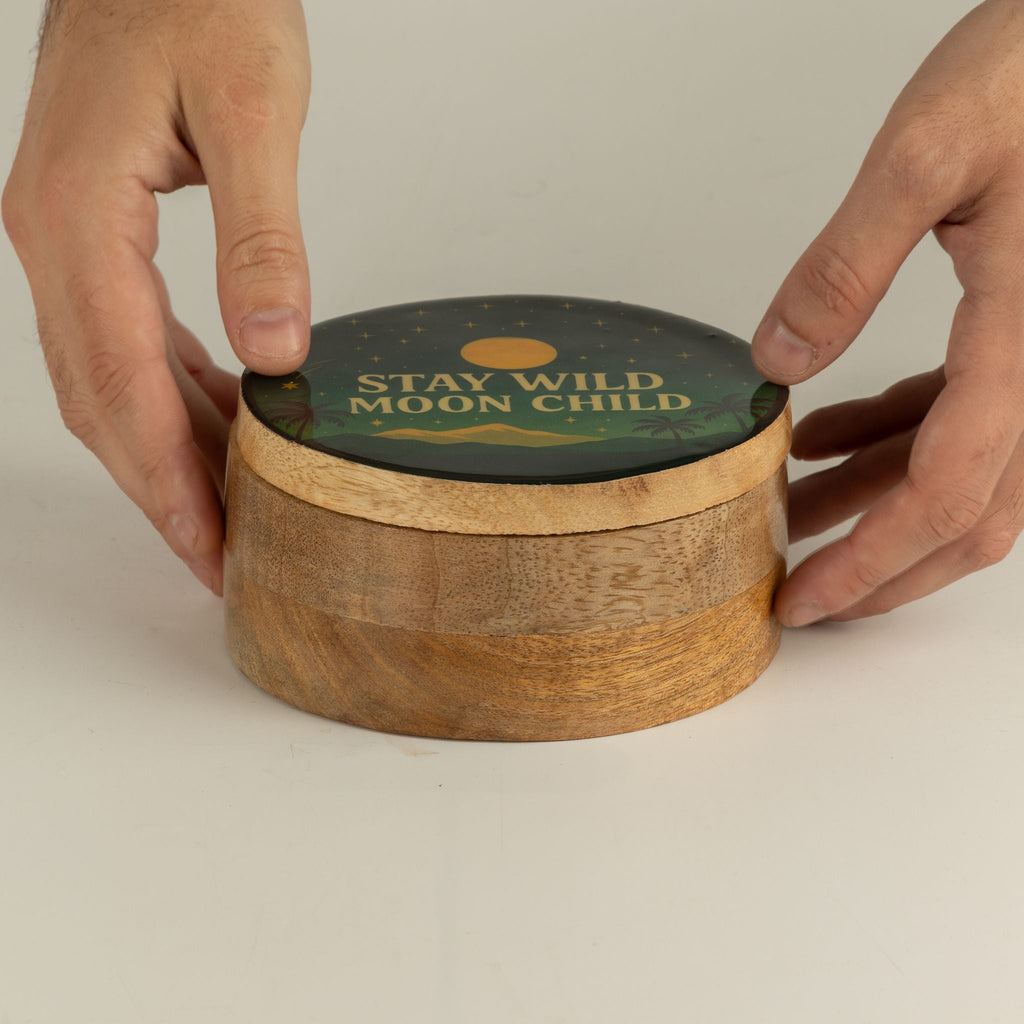 Round Enamelled Box - Stay Wild Moon Child Ceramic Glazed Wooden Boxes
