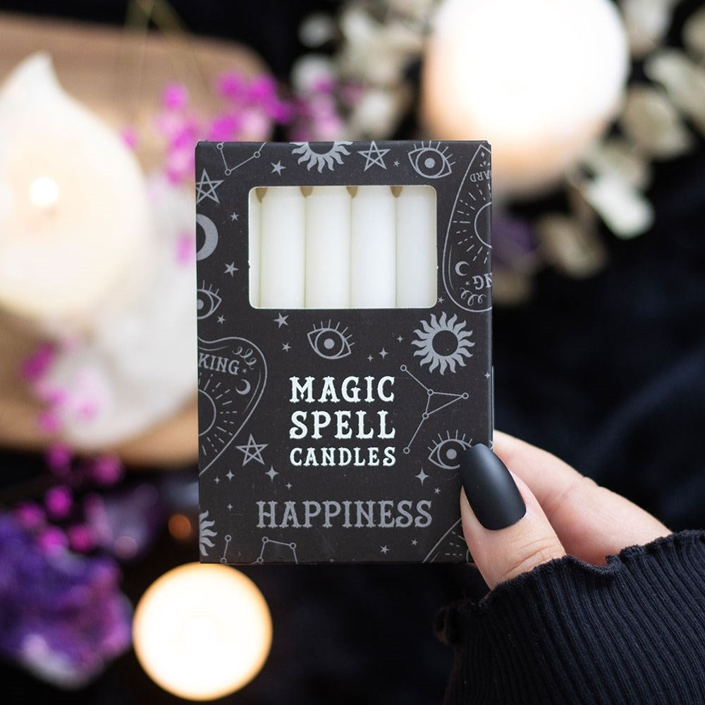 Set of 12 White ’Happiness’ Spell Candles