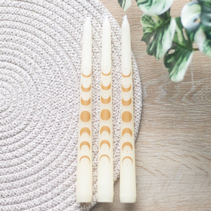 Set of 3 Off White Moon Phases Taper Dinner Candles at Witch, Please!.