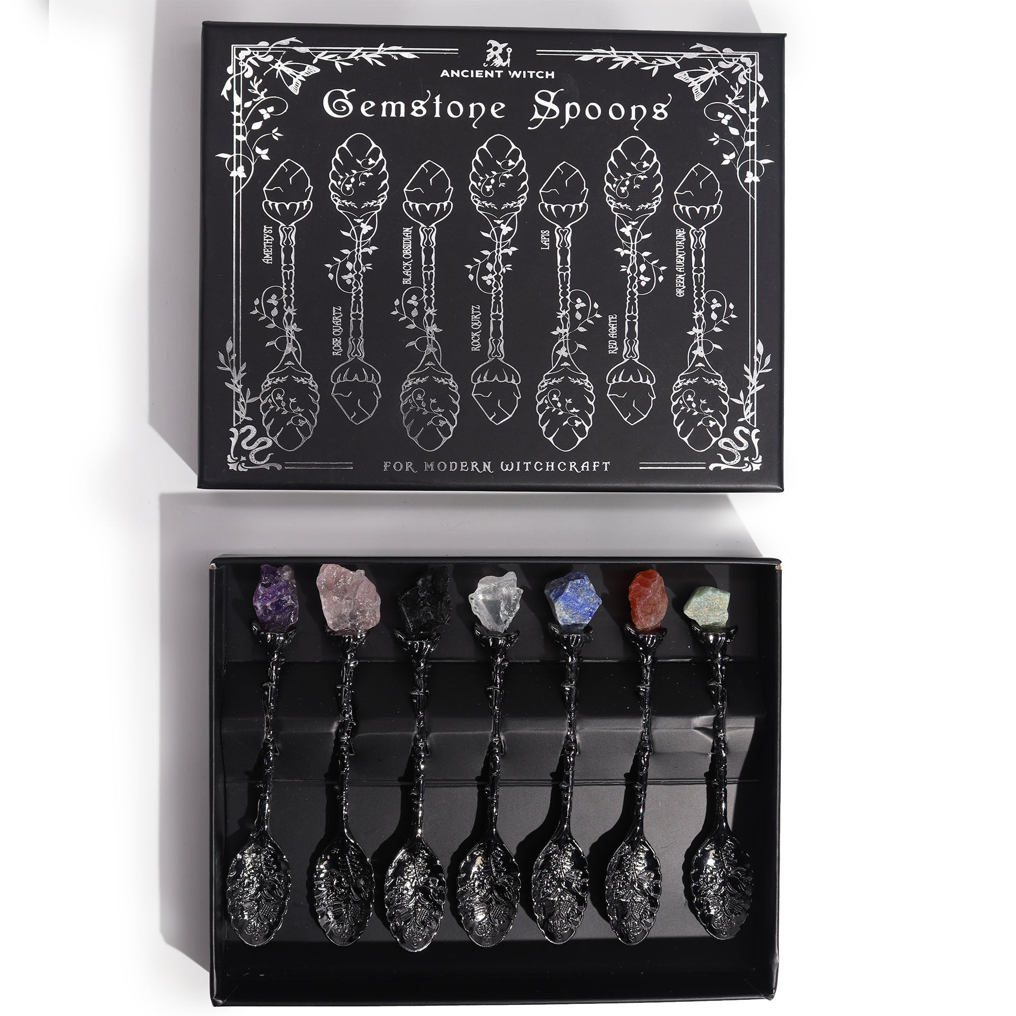 Set of 7 Dark Silver Gemstone Crystal Witch Spoons From Witch, Please!