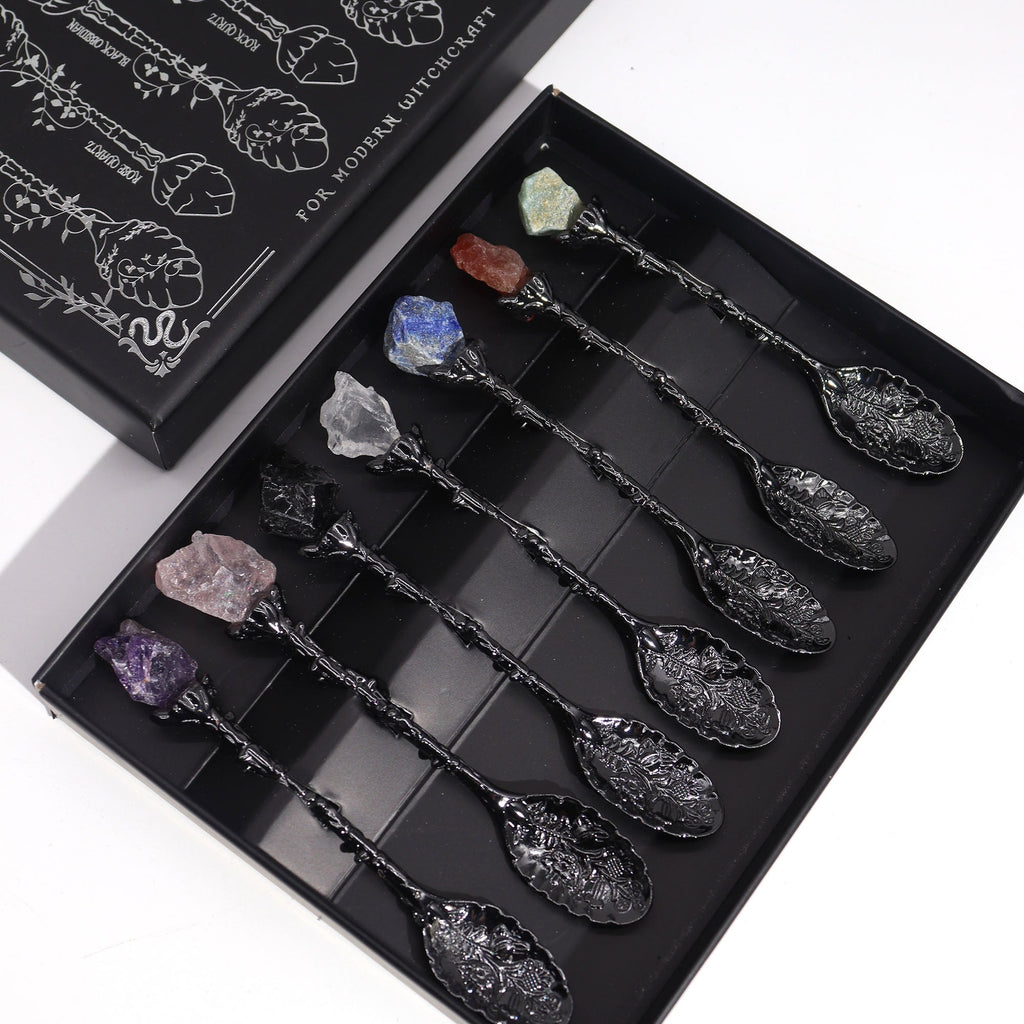 Set of 7 Dark Silver Gemstone Crystal Witch Spoons From Witch, Please!