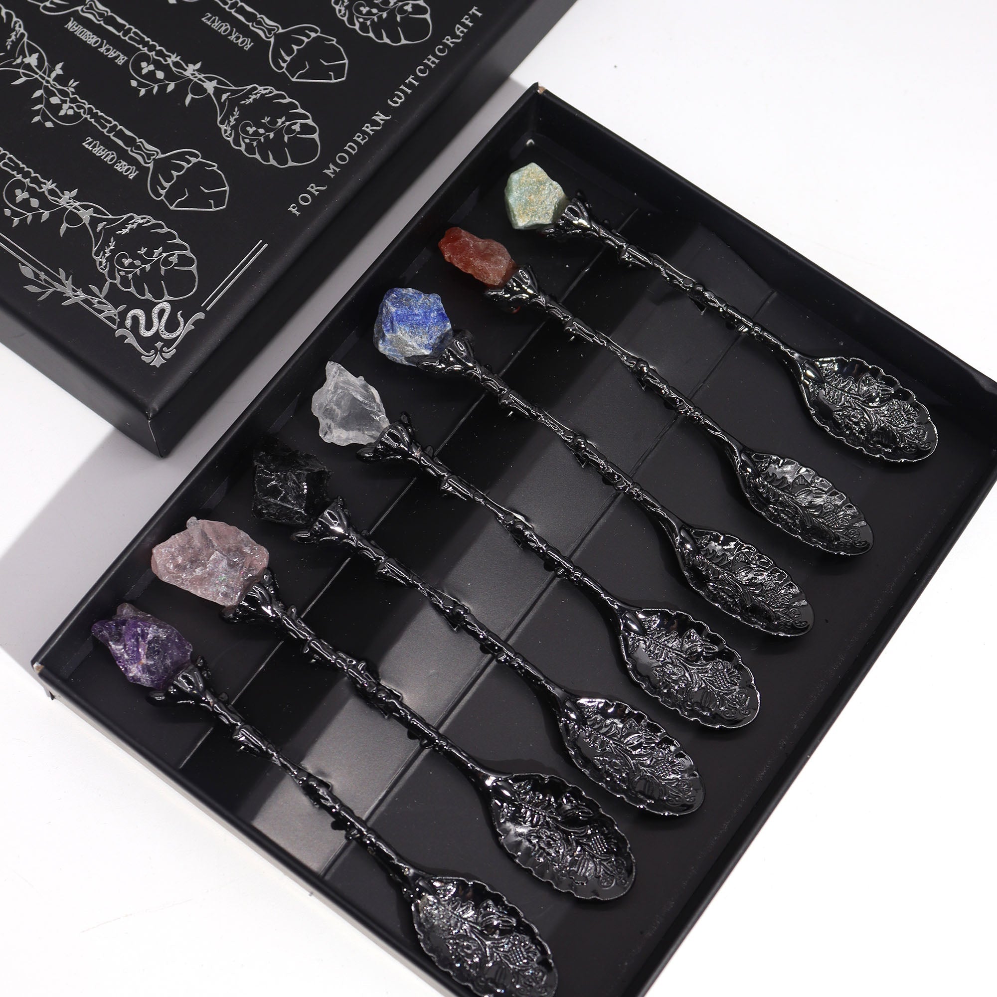 Set of 7 Dark Silver Gemstone Crystal Witch Spoons From Witch, Please!