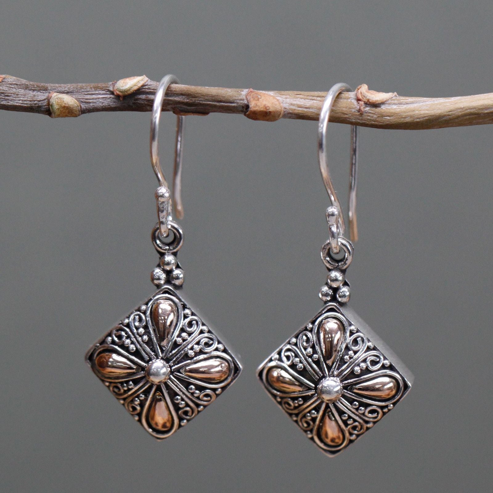 Silver & Gold Earring - Square Drop Jewellery