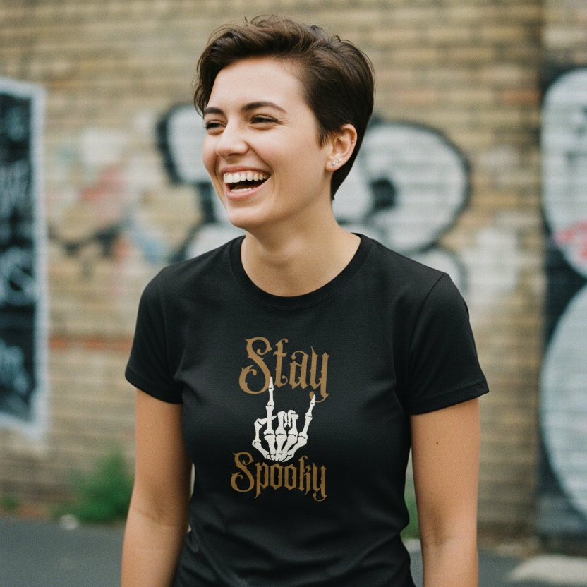 A woman with short brown hair is smiling and laughing while wearing a black t-shirt with a gold and white graphic that reads 'Stay Spooky' with a skeleton hand graphic. She is standing outdoors in front of a brick wall with graffiti.