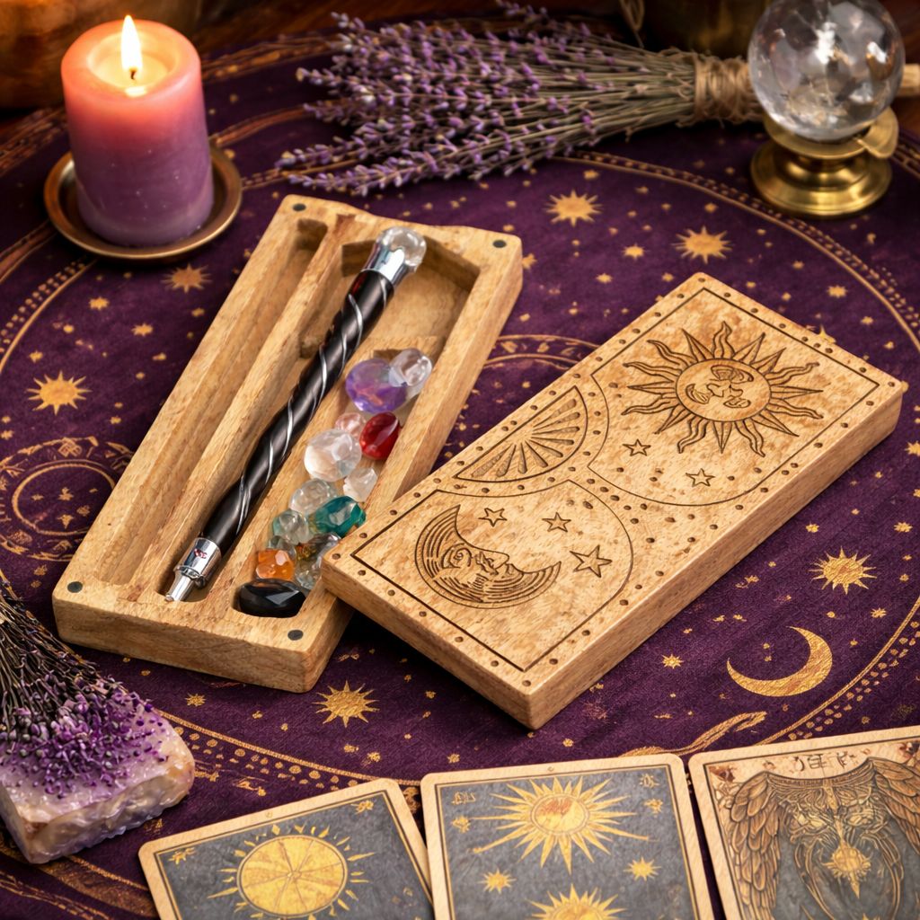 Sun - Moon Carved Crystal and Stone Box Tarot Card Storage & Reading Boxes