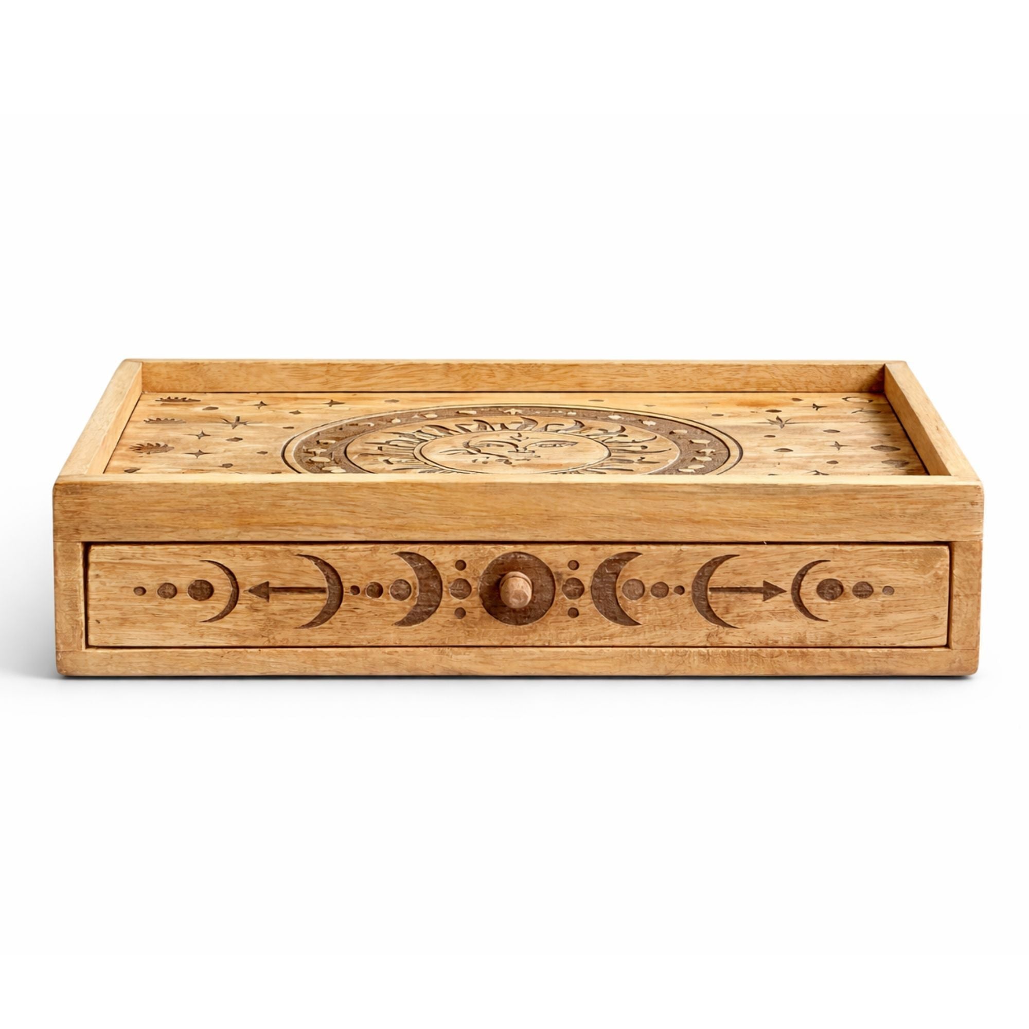 Sun Moon Carved Tarot Box with Drawer Card Storage & Reading Boxes