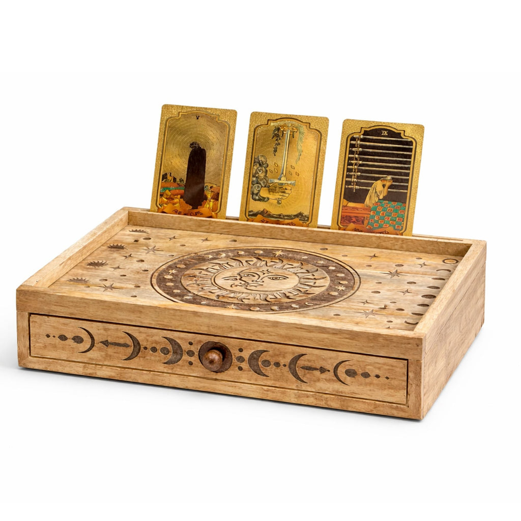 Sun Moon Carved Tarot Box with Drawer Card Storage & Reading Boxes