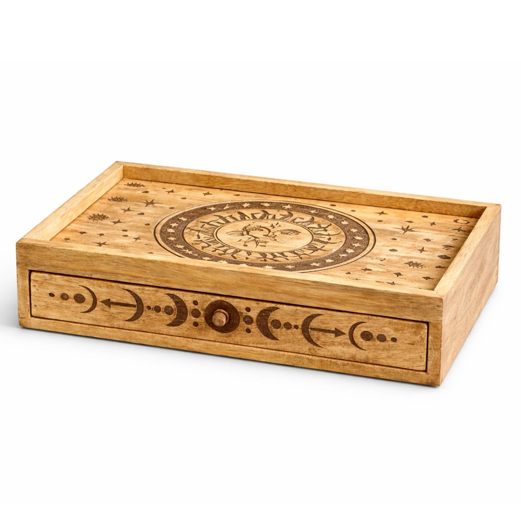 Sun Moon Carved Tarot Box with Drawer Card Storage & Reading Boxes