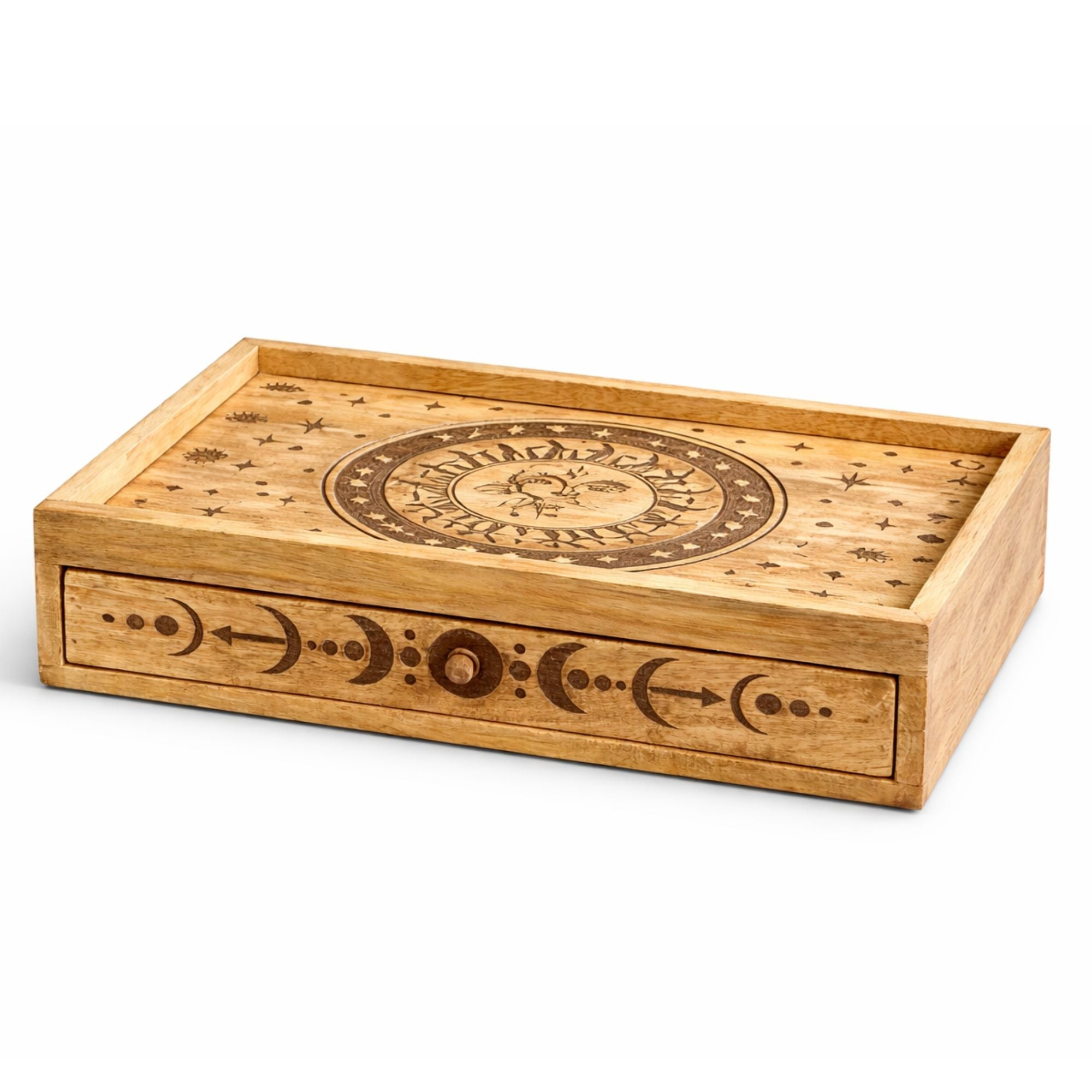 Sun Moon Carved Tarot Box with Drawer Card Storage & Reading Boxes