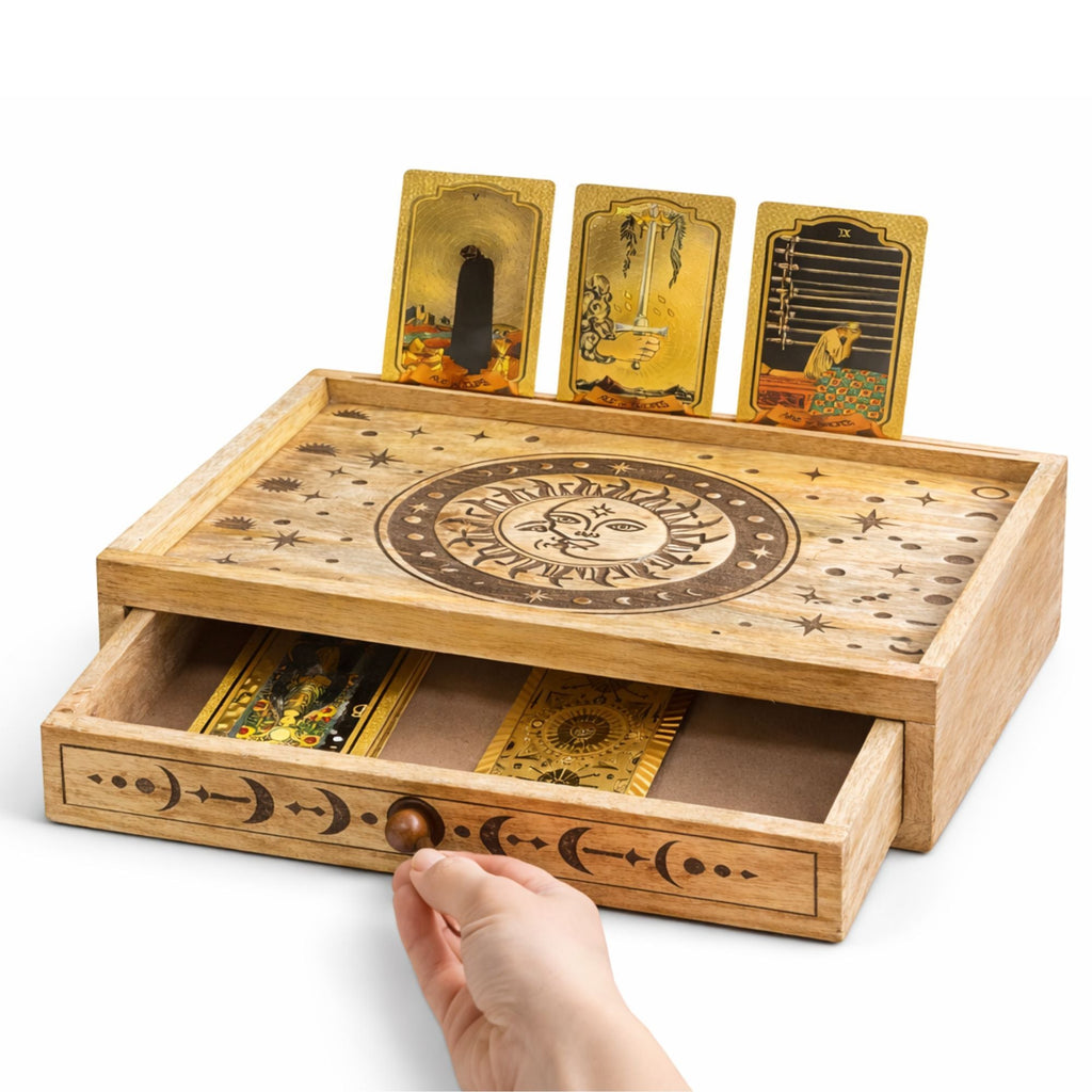 Sun Moon Carved Tarot Box with Drawer Card Storage & Reading Boxes