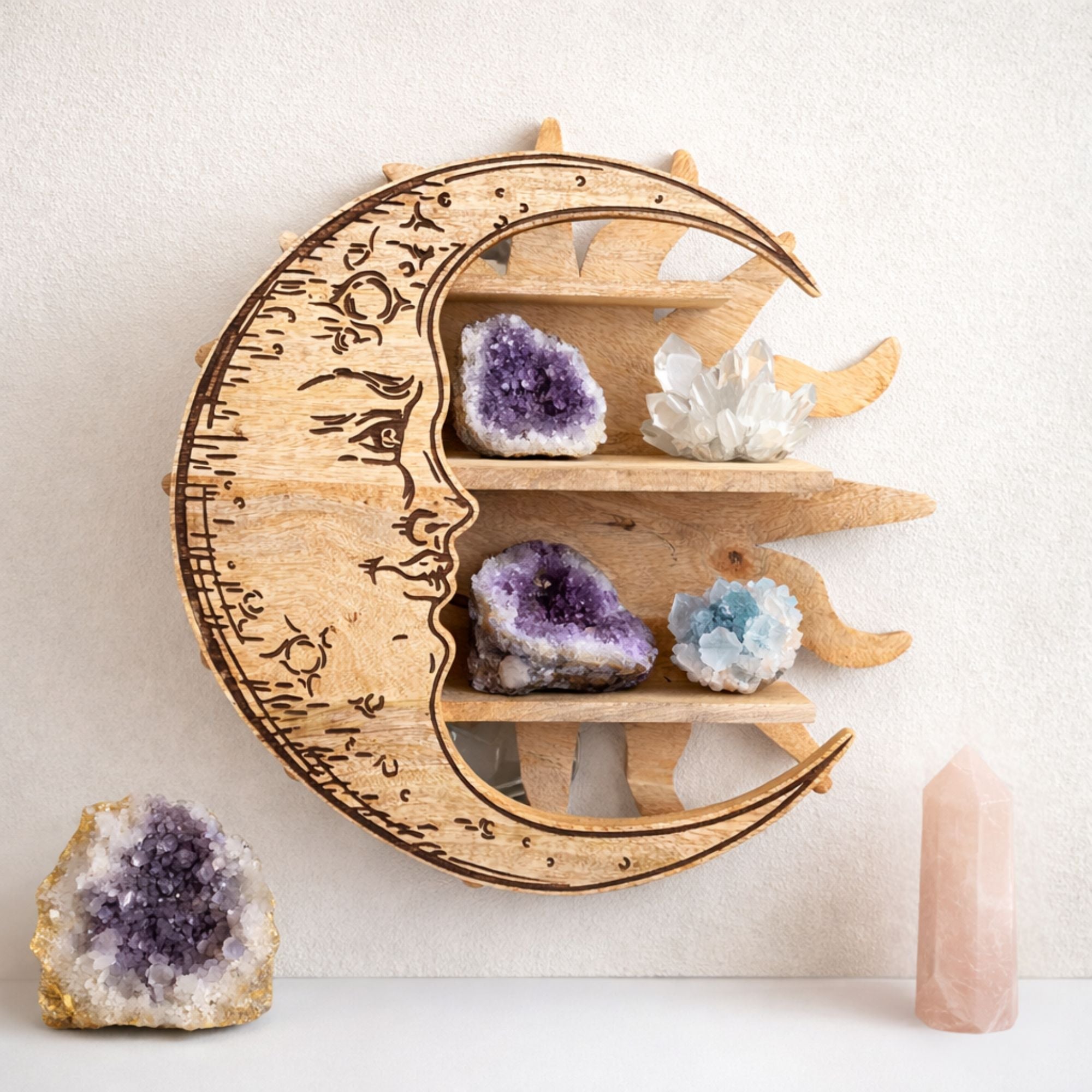 Sunrays & Moon 3 Tier Wall Shelf Mango Wood Plaques Shelves