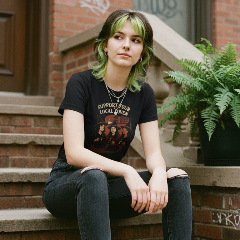 Support Your Local Coven T-Shirt – Magical Cat and Coffee Design