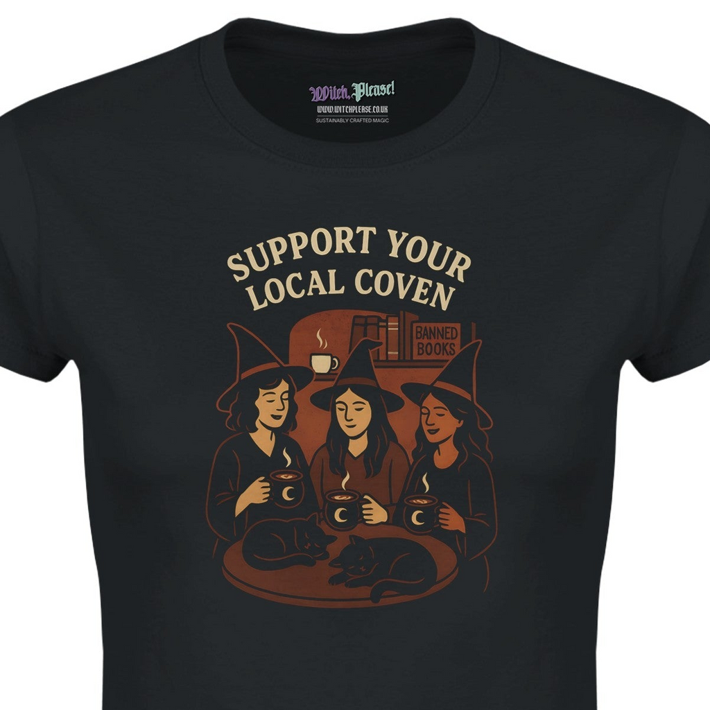 Support Your Local Coven T-Shirt – Magical Cat and Coffee Design