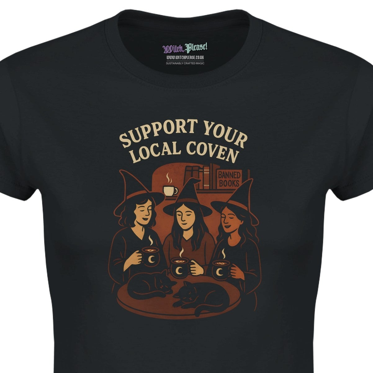 Support Your Local Coven T-Shirt – Magical Cat and Coffee Design