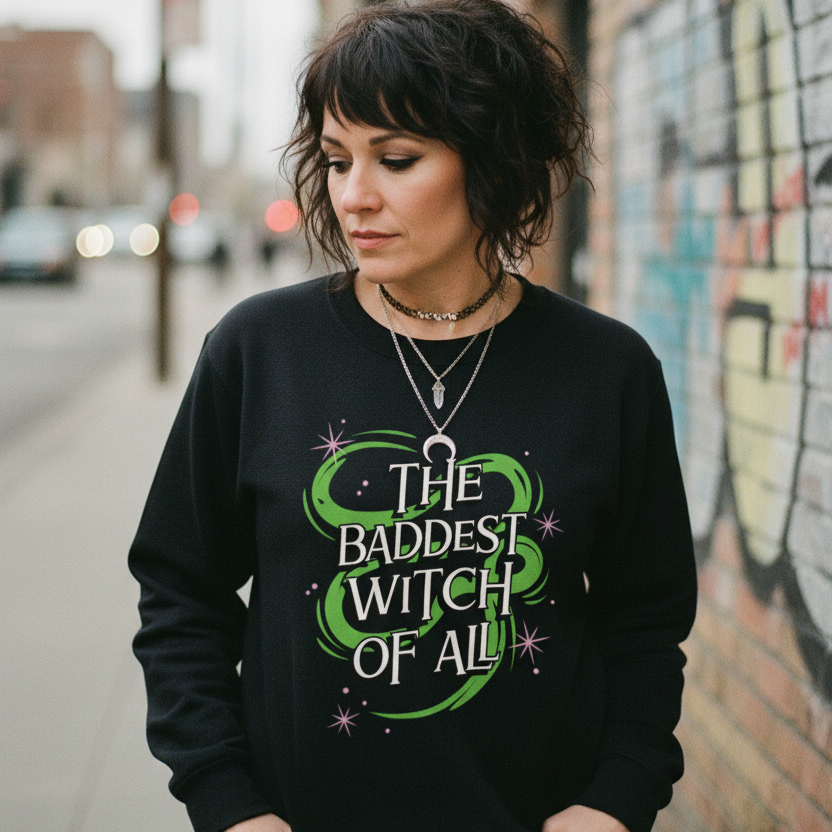 The Baddest Witch of All Classic Unisex Black Crewneck Sweatshirt | Cozy & Stylish Apparel