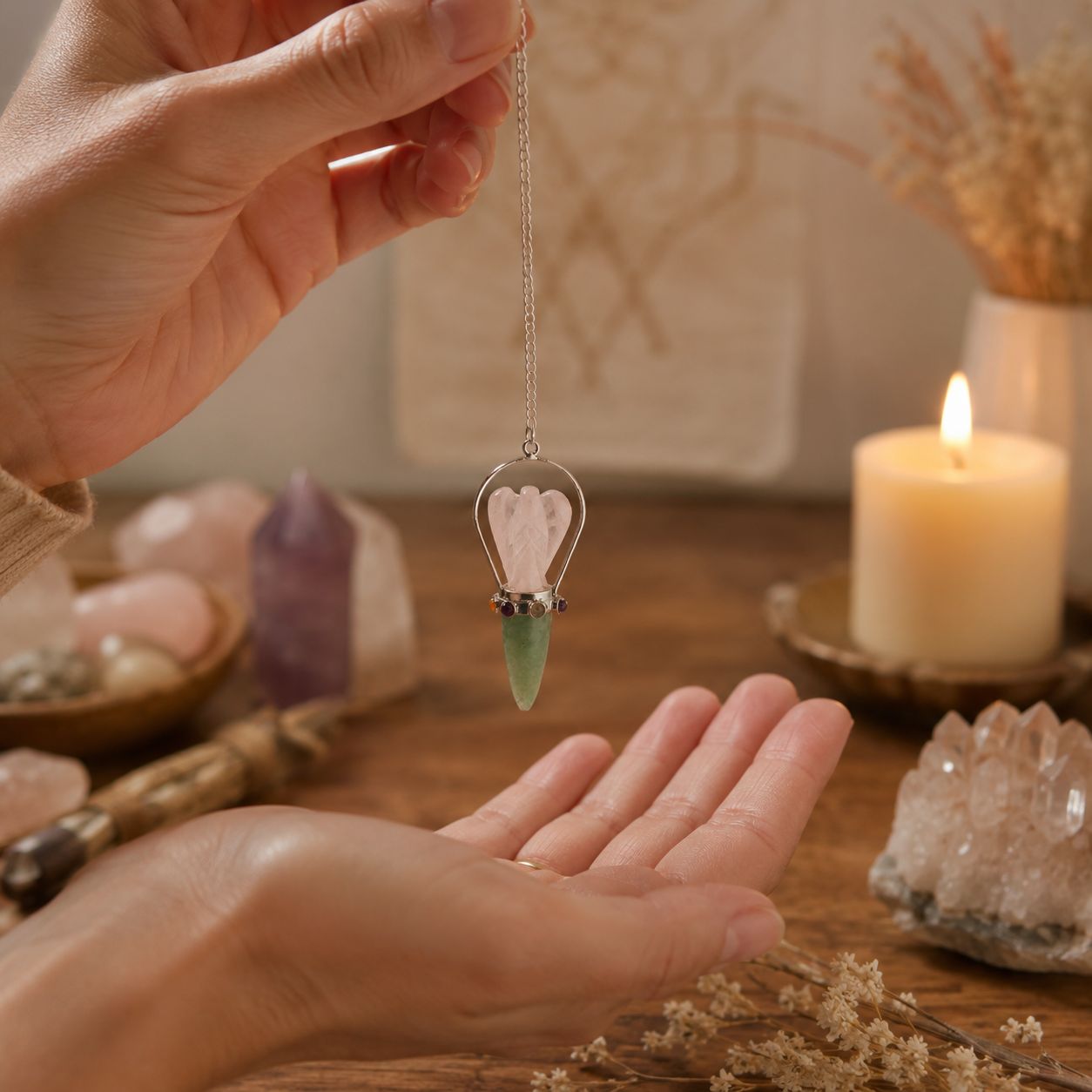 The Heart Oracle - Two Piece Angel Pendulum - Chakra Band - Rose Quartz & Green Aventurine Special Gemstone Pendulums