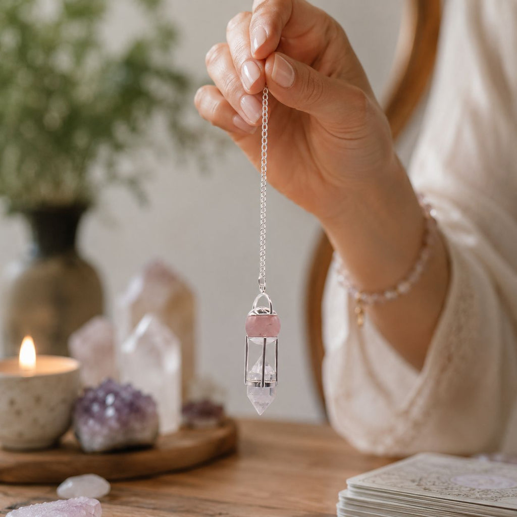 The Heart Whisperer- Double Power Pendulum - Rose Quartz Globe - Clear Terminated Special Gemstone Pendulums