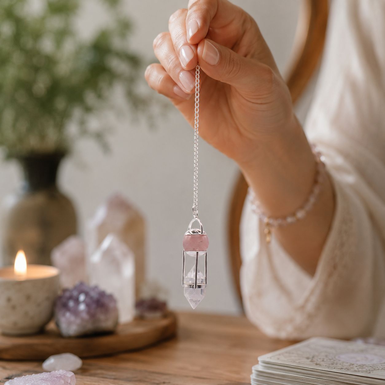 The Heart Whisperer- Double Power Pendulum - Rose Quartz Globe - Clear Terminated Special Gemstone Pendulums