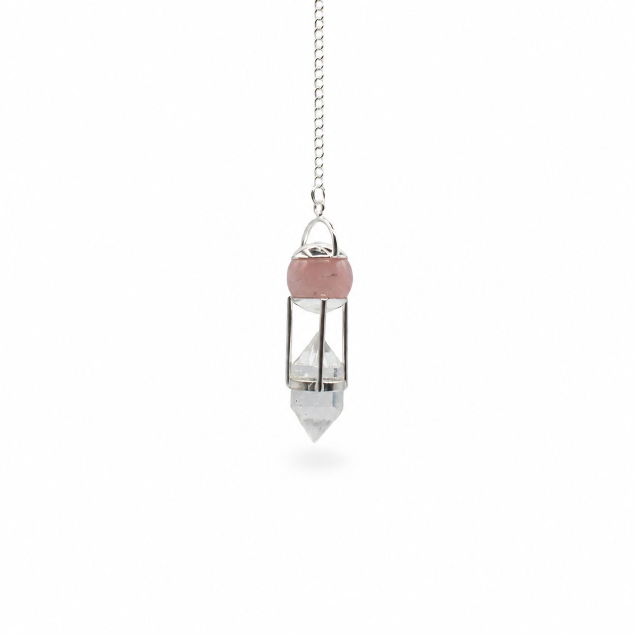 The Heart Whisperer- Double Power Pendulum - Rose Quartz Globe - Clear Terminated Special Gemstone Pendulums