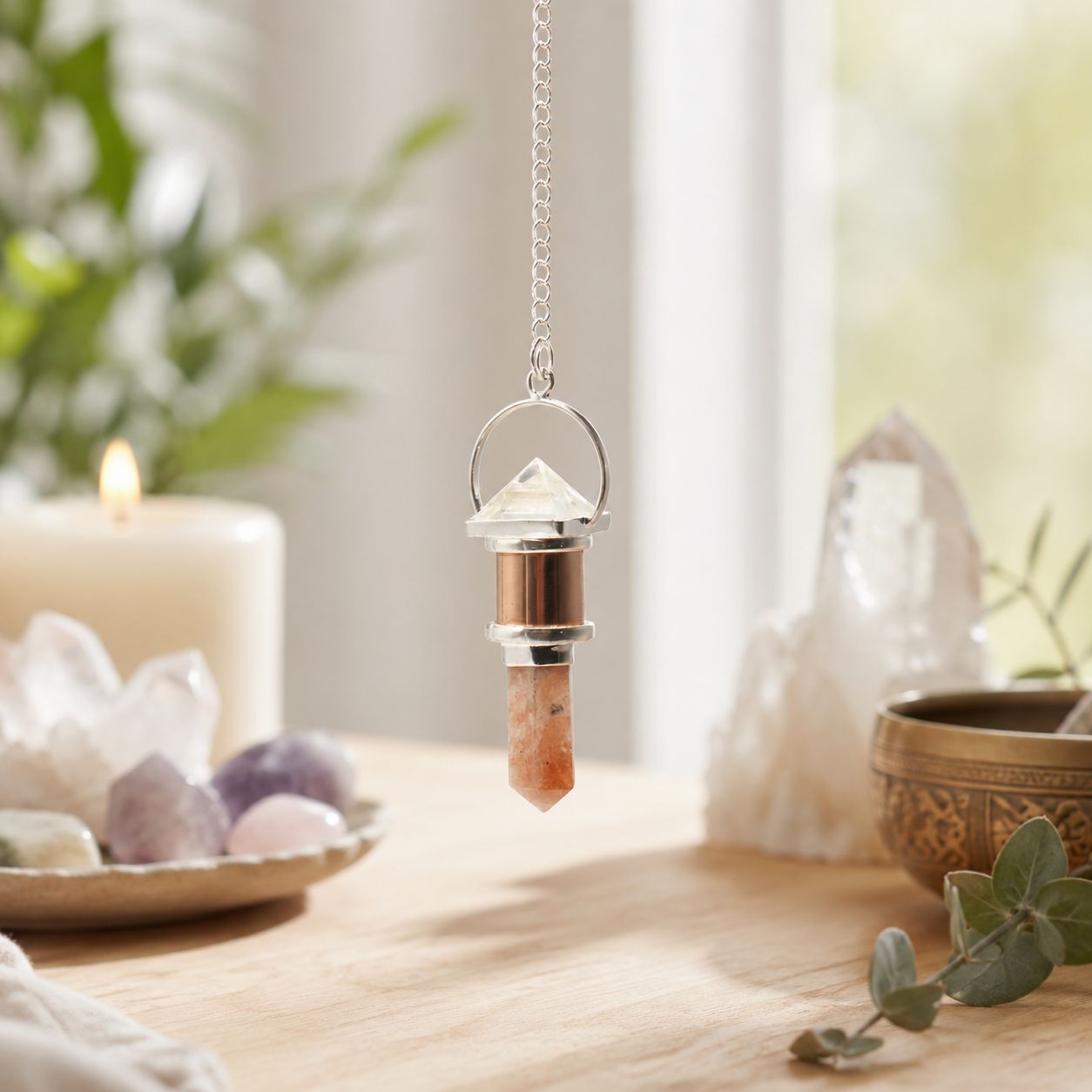 The Moon Chamber- Combo Piece Copper Pendulum - Clear Quartz & Sunstone Special Gemstone Pendulums