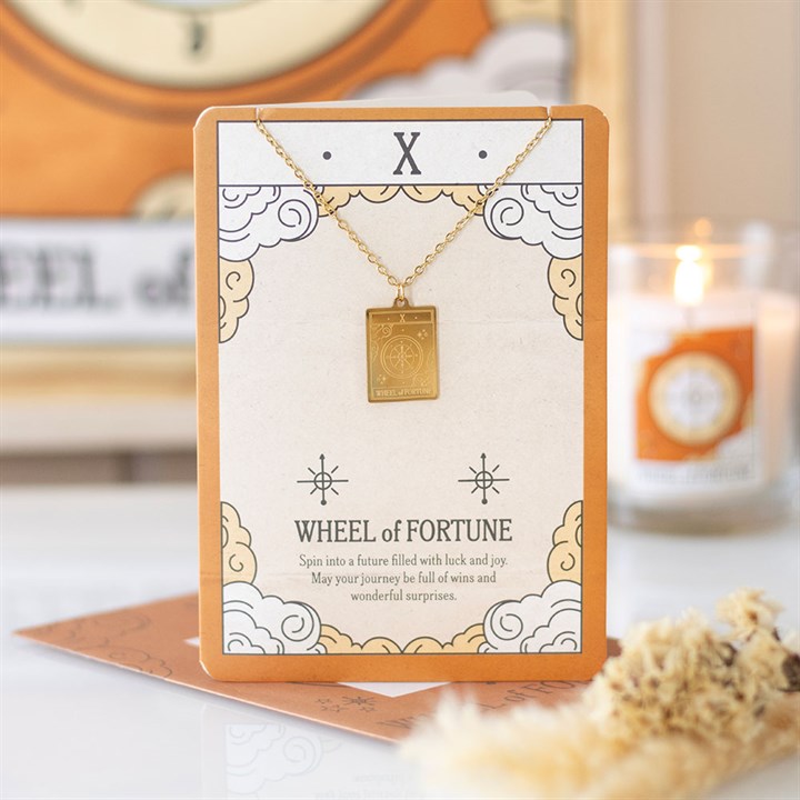 The Wheel of Fortune Vintage Tarot Necklace on Greeting Card at Witch, Please!.