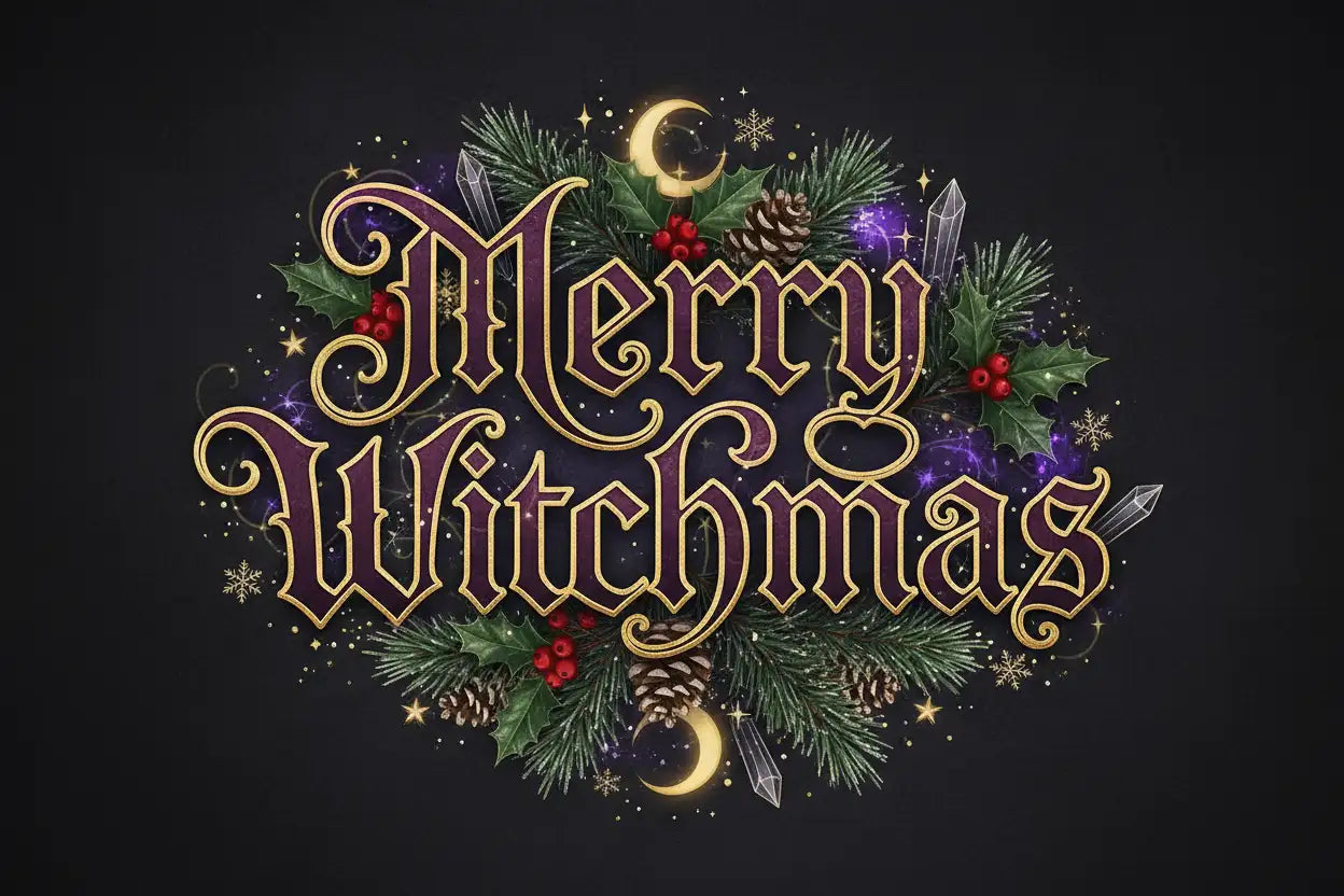 the words Merry Witchmas in a gothic witchy style, but christmas themed