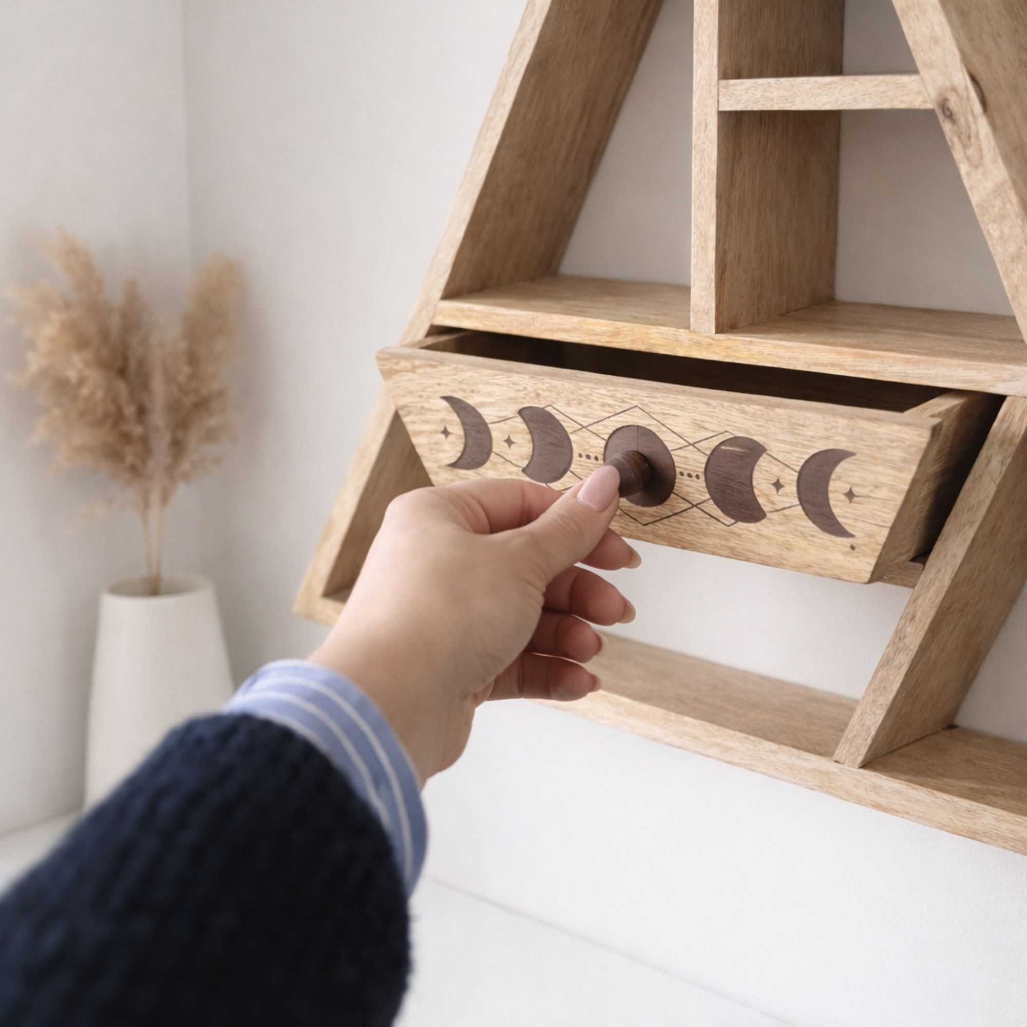Triangle Shaped Wall Shelf with Drawer Mango Wood Plaques & Shelves