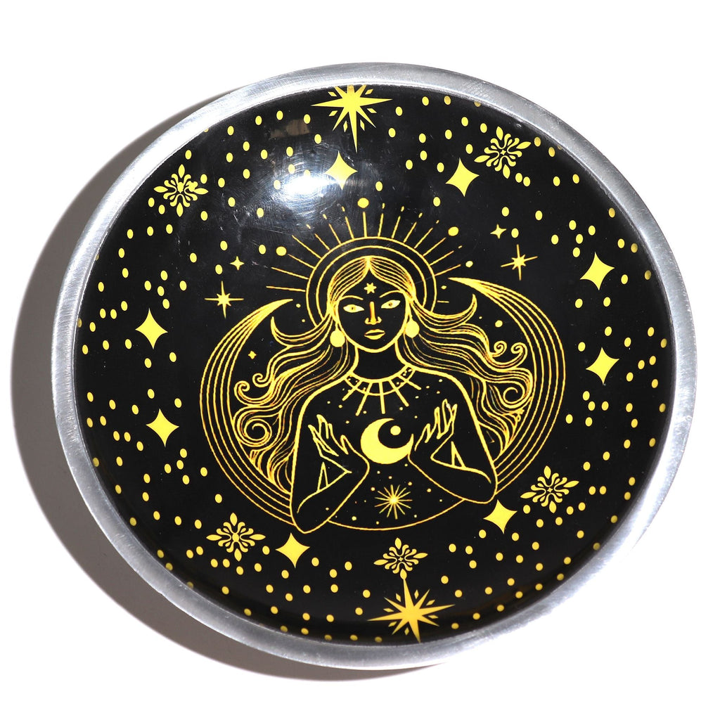 Triple Leg Enamelled Offering Plate - Gold Goddess on Black Ritual Bowls and Cauldrons