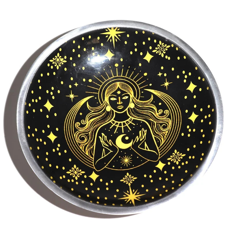 Triple Leg Enamelled Offering Plate - Gold Goddess on Black Ritual Bowls and Cauldrons
