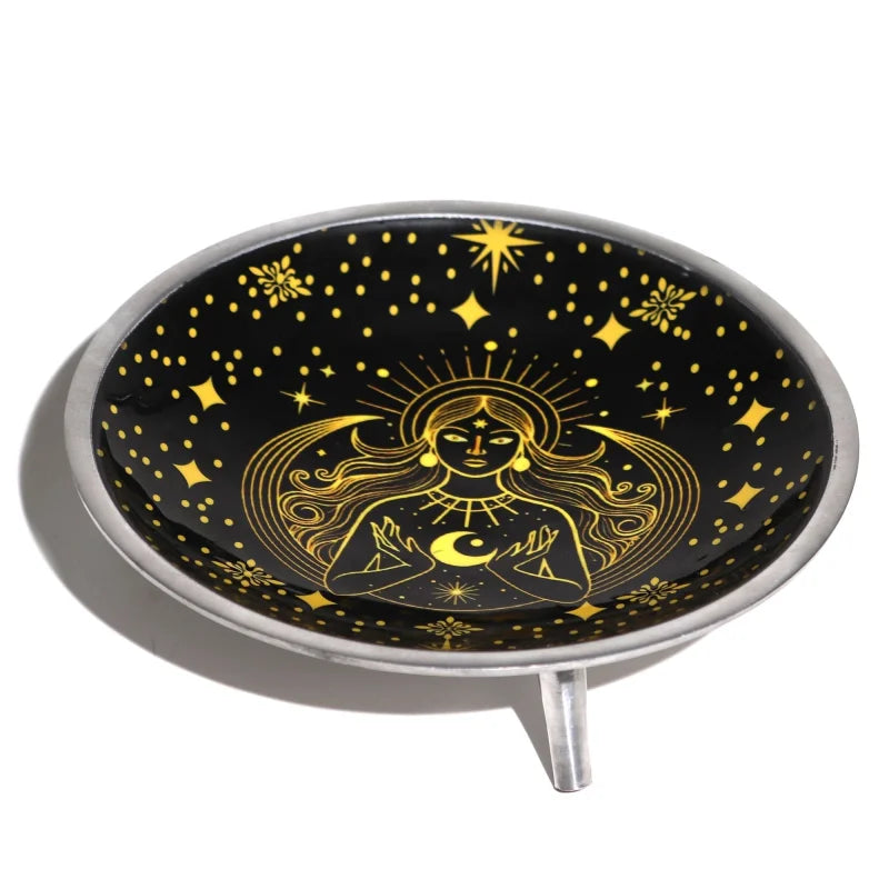 Triple Leg Enamelled Offering Plate - Gold Goddess on Black Ritual Bowls and Cauldrons