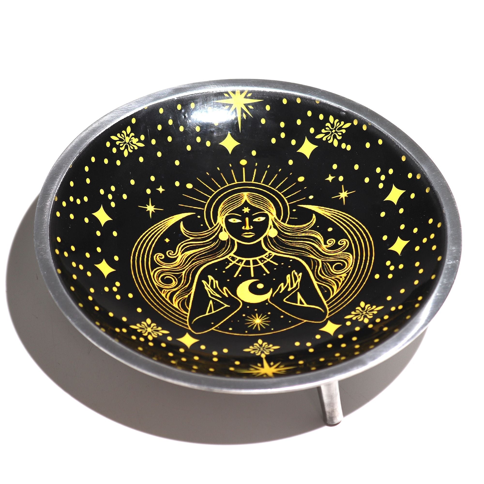 Triple Leg Enamelled Offering Plate - Gold Goddess on Black Ritual Bowls and Cauldrons
