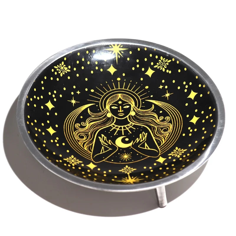 Triple Leg Enamelled Offering Plate - Gold Goddess on Black Ritual Bowls and Cauldrons