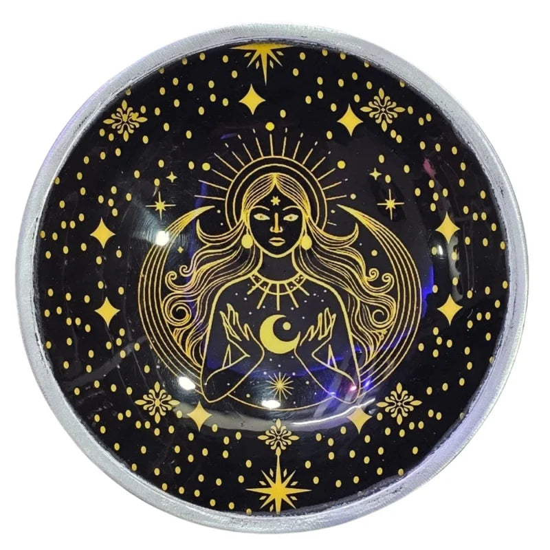 Triple Leg Enamelled Offering Plate - Gold Goddess on Black Ritual Bowls and Cauldrons
