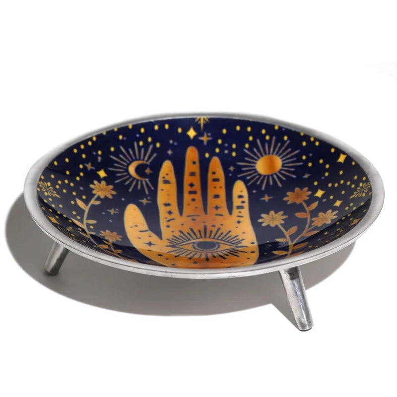 Triple Leg Enamelled Offering Plate - Hamsa Midnight Blue Ritual Bowls and Cauldrons