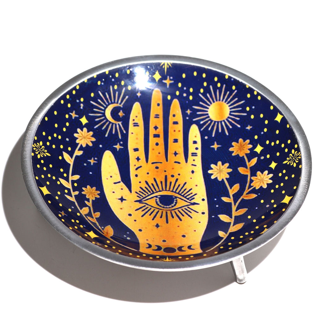 Triple Leg Enamelled Offering Plate - Hamsa Midnight Blue Ritual Bowls and Cauldrons