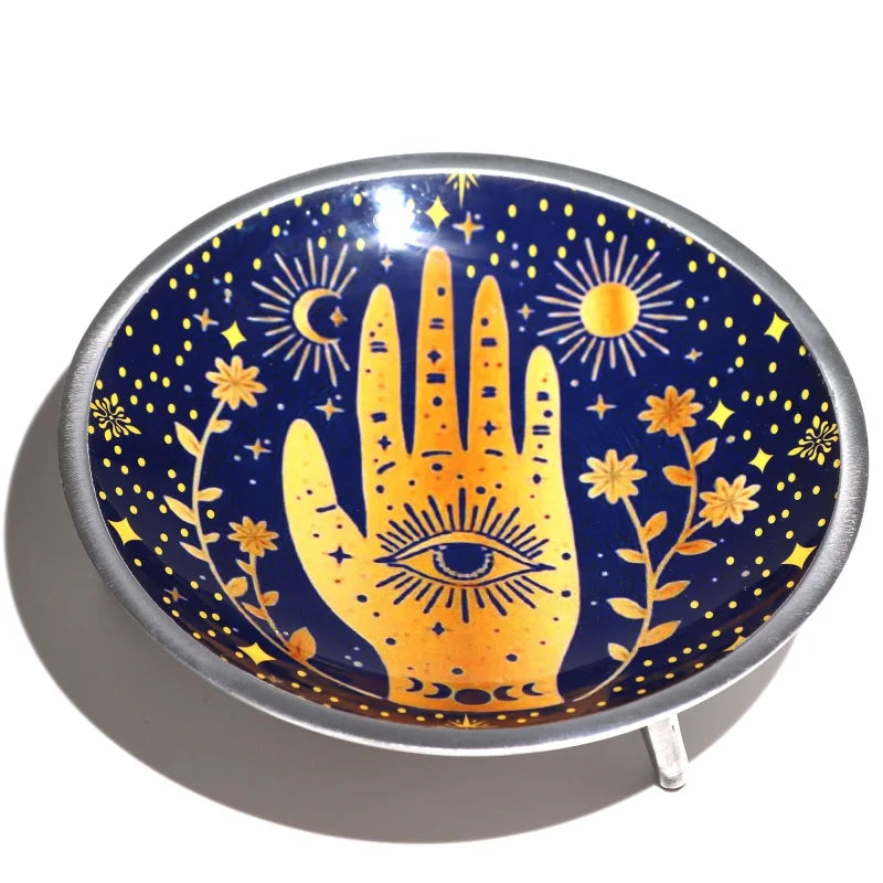 Triple Leg Enamelled Offering Plate - Hamsa Midnight Blue Ritual Bowls and Cauldrons