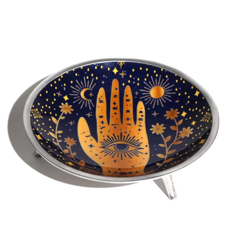 Triple Leg Enamelled Offering Plate - Hamsa Midnight Blue Ritual Bowls and Cauldrons
