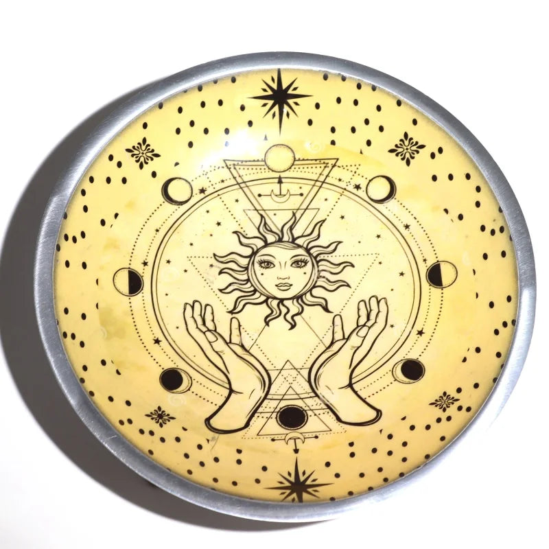 Triple Leg Enamelled Offering Plate - Hands & Sun Ritual Bowls and Cauldrons